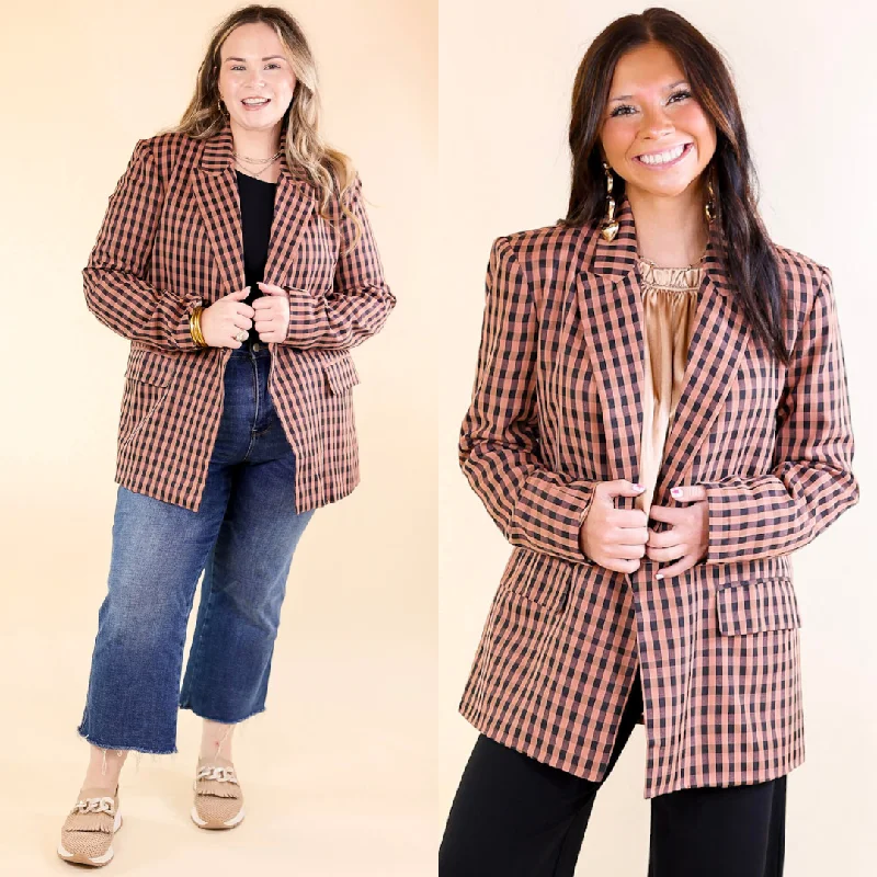 Easygoing Fashion Coffee And Smiles Double Button Plaid Blazer with Long Sleeves in Terracotta Brown and Black