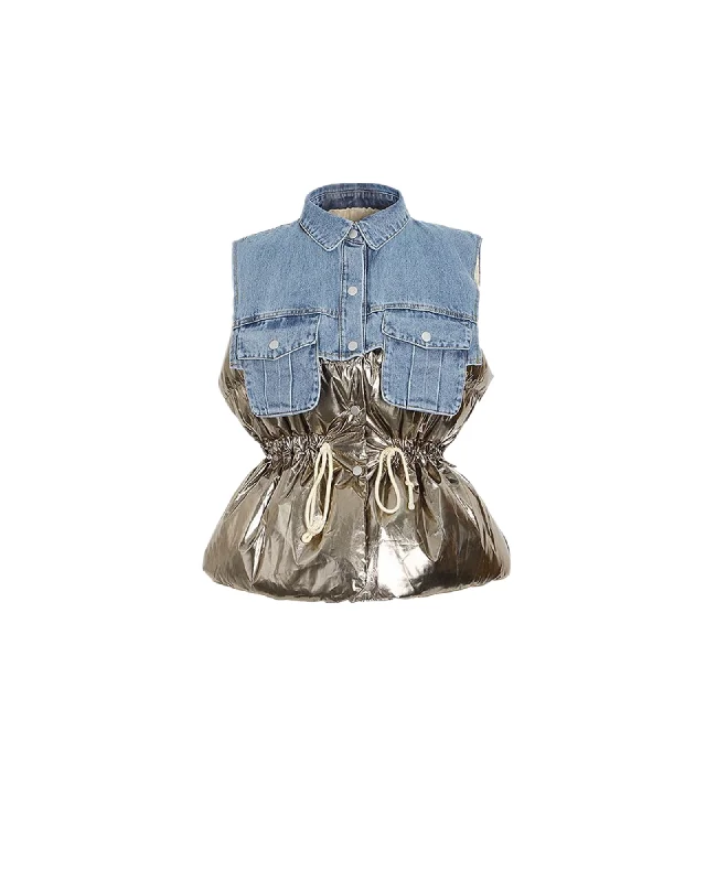 French Style Metallic Denim Drawstring Vest