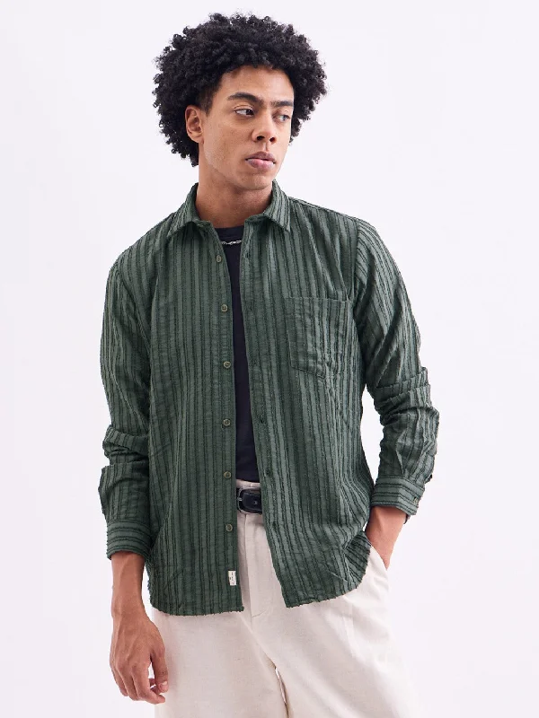 All-Day Comfort Green Striped Slim Fit Shirt