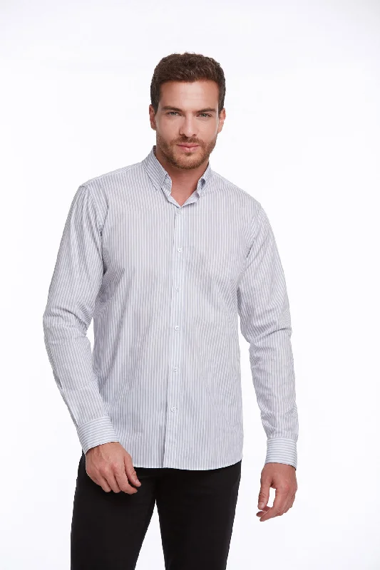 Smart Comfort Comfort Fit Long Sleeve Striped Cotton Gray Casual Shirt