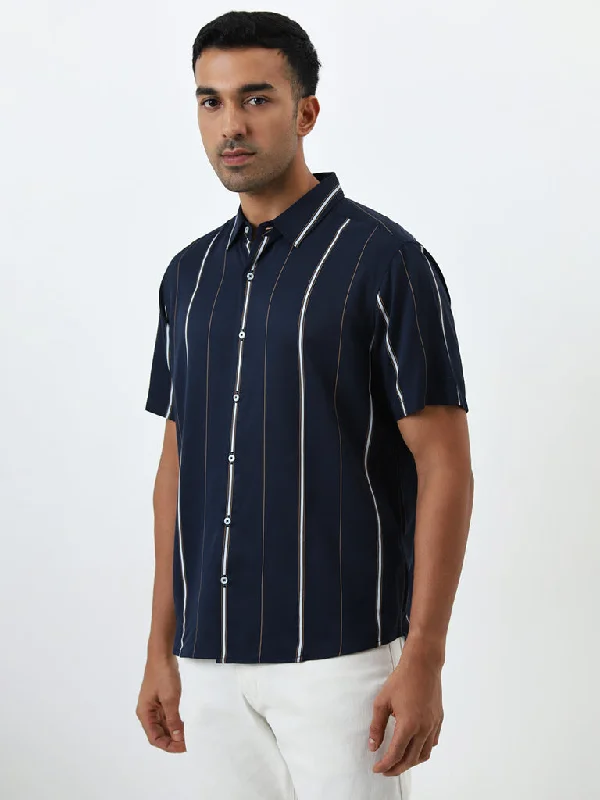 All-Day Wear Ascot Navy Stripe Printed Relaxed-Fit Shirt