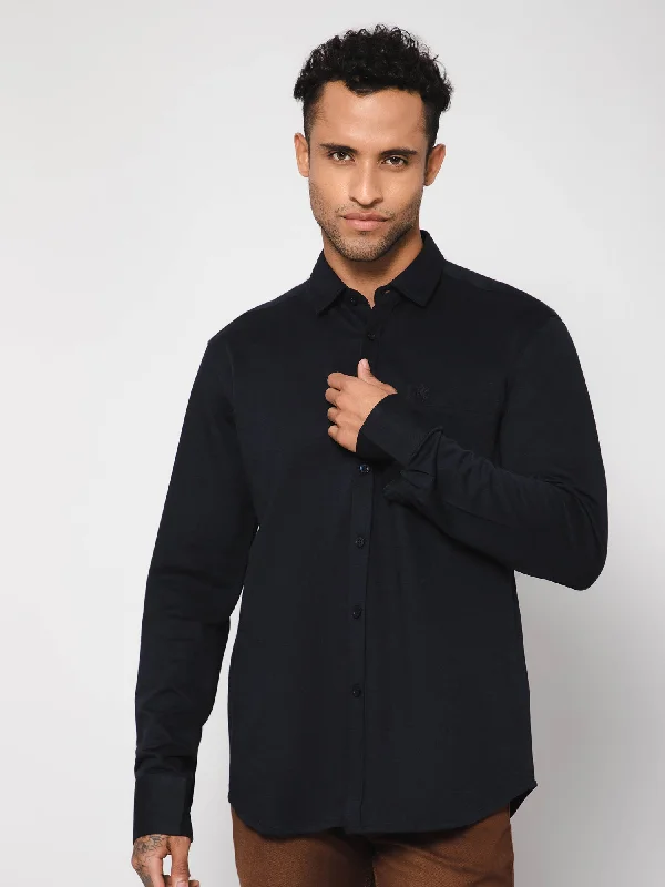 Fashionable Ease Men's Black Casual Knit Jersey Full Sleeve Shirt