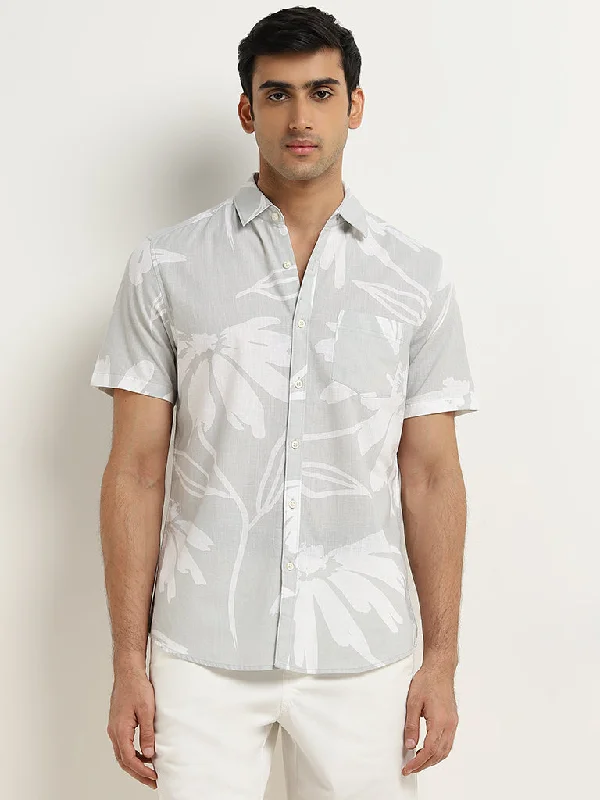Embroidery Design WES Casuals Light Grey Floral Print Slim-Fit Cotton Shirt