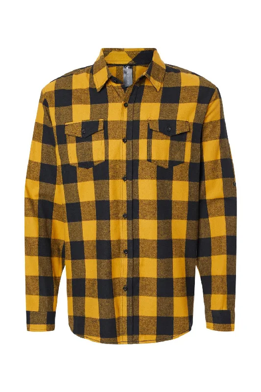 Retro Fashion Burnside Mens Flannel Long Sleeve Button Down Shirt w/ Double Pockets - Gold/Black