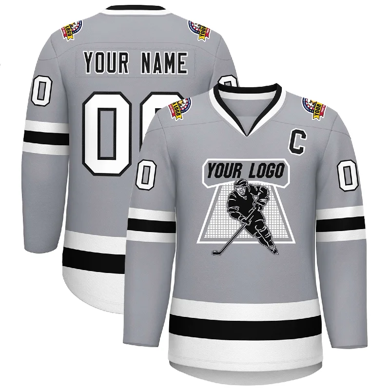 College Style Custom Gray Black White-Black Classic Style Hockey Jersey