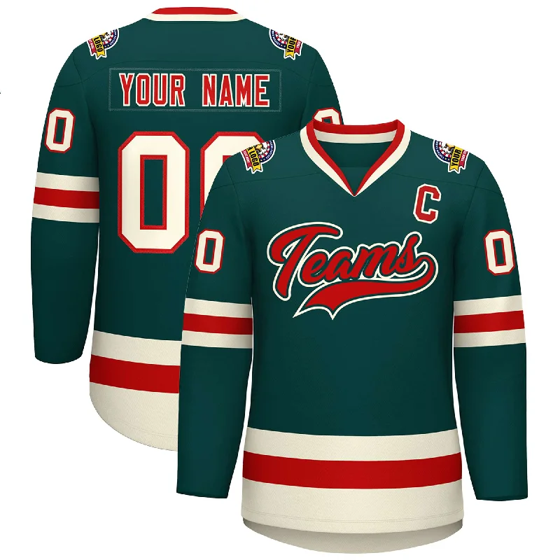 Cozy Chic Trends Custom Midnight Green Red Midnight Green-Khaki Classic Style Hockey Jersey Cozy Chic Trends Custom Midnight Green Red Midnight Green-Khaki Classic Style Hockey Jersey