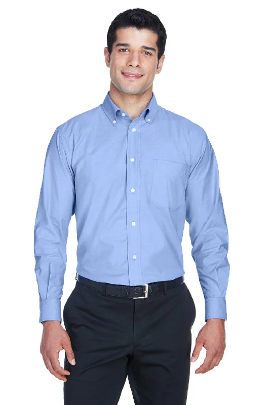 Short Design Harriton Mens Oxford Wrinkle Resistant Long Sleeve Button Down Shirt w/ Pocket - Light Blue