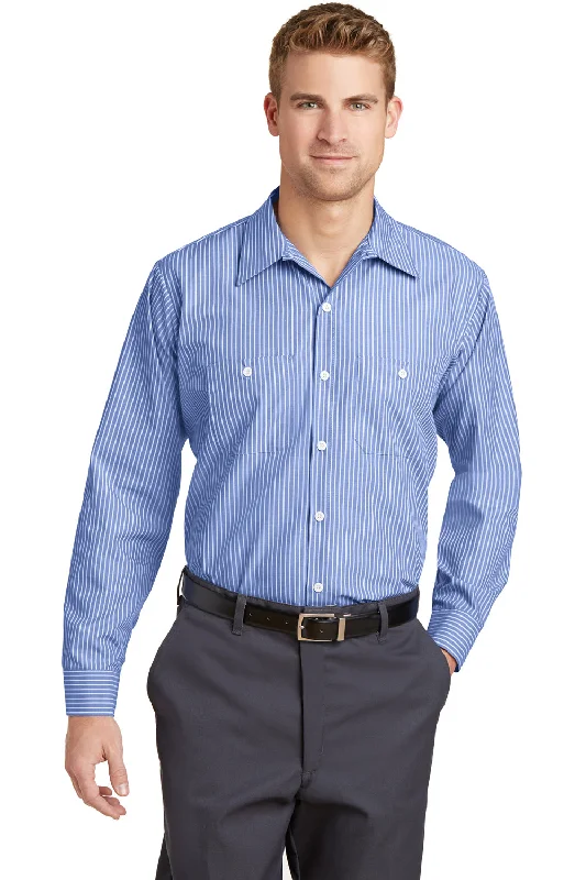 Integrated Design Red Kap Mens Industrial Moisture Wicking Long Sleeve Button Down Shirt w/ Double Pockets - Blue/White - Closeout
