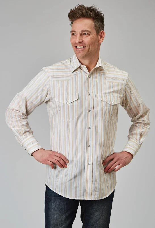 Stretch Design Roper Mens 1961 Neutral Stripe White Poly/Cotton L/S Shirt