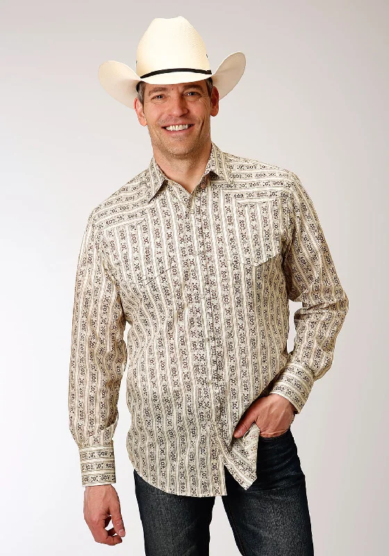 Street Cool Roper Mens Cream/Brown Cotton Blend Wallpaper L/S Tall Shirt