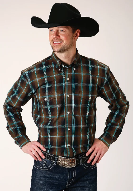 Stunning Fashion Roper Mens Dark Chocolate 100% Cotton Plaid BD L/S Button Shirt