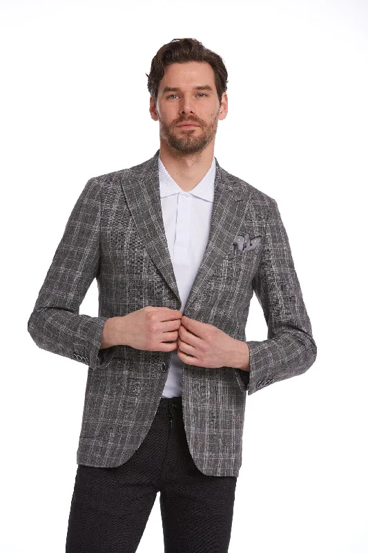 Relaxed Fits Slim Fit Brown Peak Lapel Plaid Linen Classic Blazer