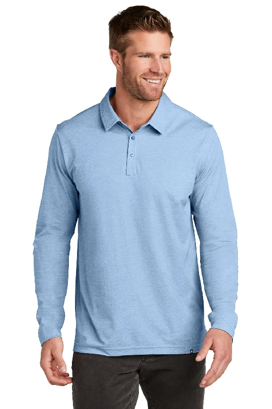 Cozy Fitting TravisMathew Mens Oceanside Moisture Wicking Long Sleeve Polo Shirt - Heather Allure Blue
