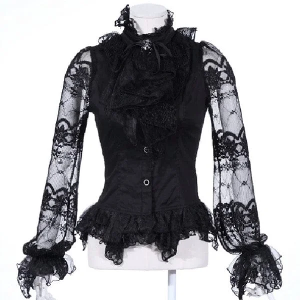Fashionable Inner Wear Women's Steampunk Puff Sleeved Lace Splice Shirt with Neckwear